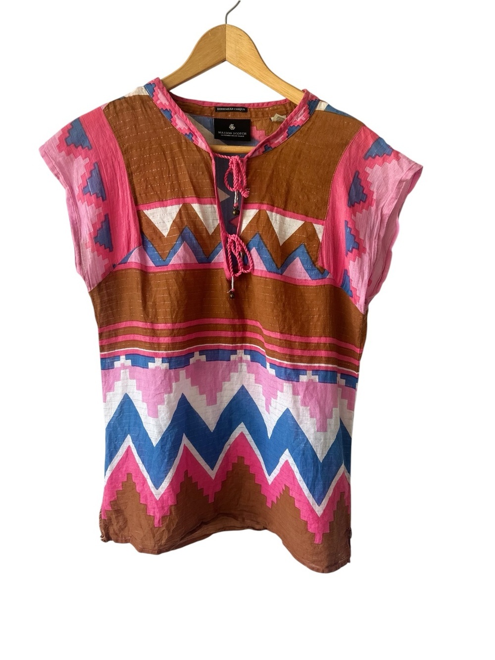 Maison Scotch Bohemian Chique Pink, Brown & Blue Geometric Top